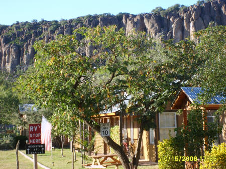 Camp Office and Cabins with Sleeping Lion Mountain Background